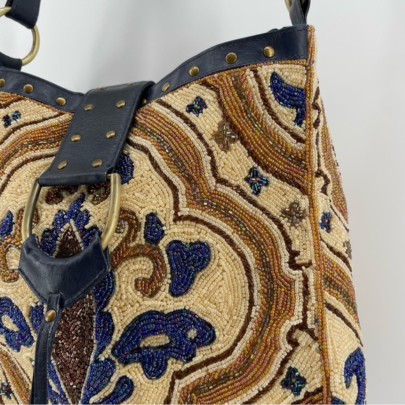 Christiana NWT Ivory/Blue Unique Bohemian Beaded Tapestry Shoulder Bag - Picture 4 of 12
